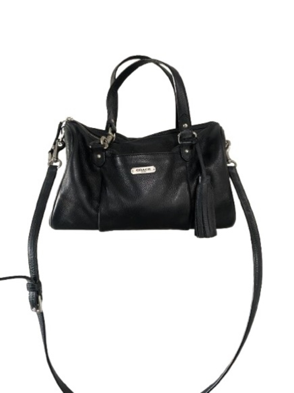 Coach Black Pebbled Leather Shoulder Satchel with Tassel